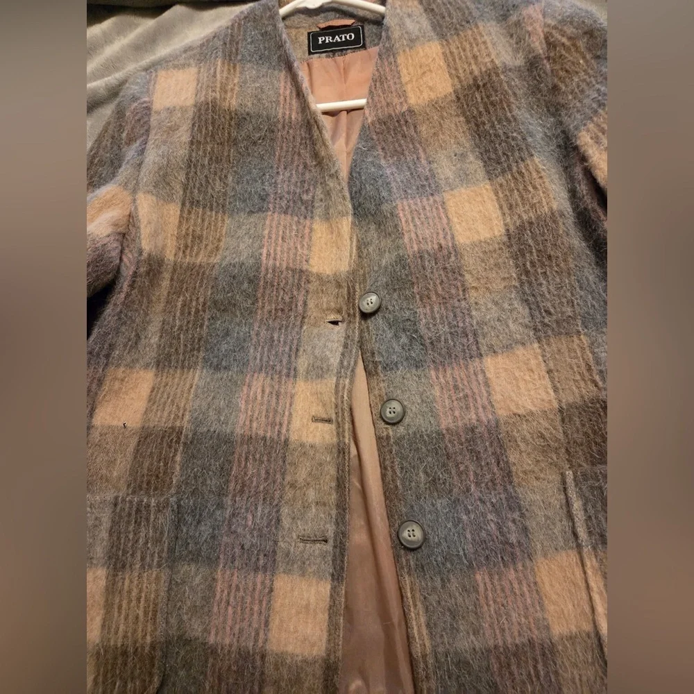 PRATO Vintage Mohair Wool Plaid Jacket Coat M L Neutral Soft Shaggy Cottagecore